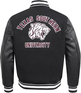 Veste universitaire noire de l'Université du Texas Southern avec manches en cuir, logo de tigre brodé, bordure contrastée, vêtements de sport d'hiver pour adultes - Product Image 2
