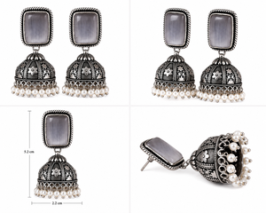 ต่างหูระย้า jhumka ไข่มุกเงินแท้สีเทาออกซิไดซ์สำหรับผู้หญิงต่างหูระย้างานปาร์ตี้แนววินเทจทันสมัย - Product Image 6
