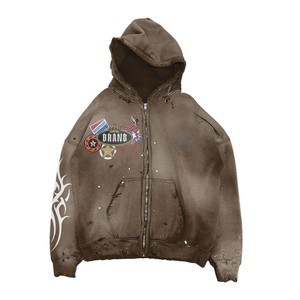 Chaqueta de hombre vintage con cremallera, efecto desgastado y decolorado, con bordados personalizados, logotipos y mangas estampadas, de la marca estadounidense. - Product Image 6
