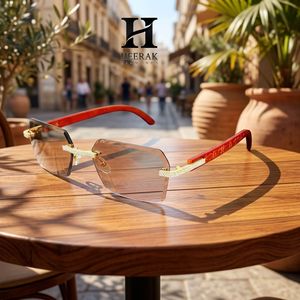 Luxury <b>Rimless</b> <b>Square</b> Diamond <b>Sunglasses</b> Men Women Engraved Wood Temples Brown Gradient Lens Eyewear - Product Image 3
