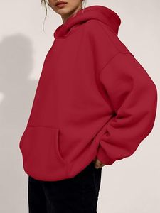 Oversized Hooded <b>Sweatshirt</b> Solid Color Fleece Long Sleeve Pocket Casual Wear Autumn Style <b>Red</b> - Product Image 2