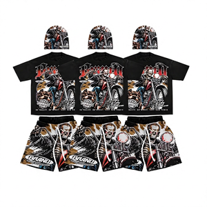 <b>Men's</b> Moto Biker T-<b>Shirt</b> Shorts Set Skull Pattern Sublimation Print Quick Dry Summer Casual Wear Crew Neck <b>Pink</b> - Product Image 4