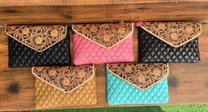 Top Products Hand Tooled Diamond Lattice Envelope Crossbody Bags for Women Genuine Leather Clutch <b>Handbags</b> Cowhide Floral Purse - Product Image 4