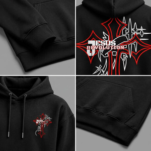 Sudadera con Capucha para Hombre, Negra, 100% Algodón, Invierno, con Bolsillo Frontal y Estampado de Cruz Gótica, 350g, Forro Polar, Servicio OEM - Product Image 3