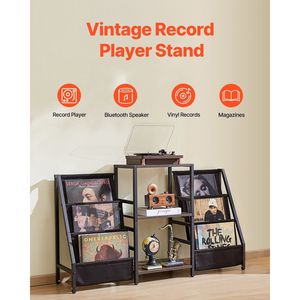 Support de tourne-disque en métal à 3 niveaux avec porte-disques en bois et bacs en tissu, étagère de présentation pour tourne-disque - Product Image 2