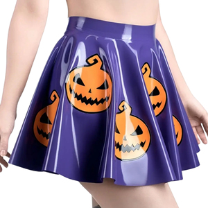 Women Purple Genuine Leather <b>Pleated</b> Ankle-Length <b>Skirt</b> with Pumpkin Print Shiny Halloween Style Maternity Bud Ball Gown - Product Image 1