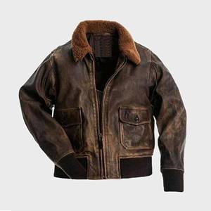 Veste en cuir marron vintage pour homme, col en fourrure marron, manteau aviateur en peau de mouton vieillie, véritable cuir de vachette, veste de motard chaude - Product Image 1