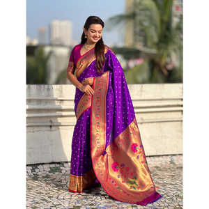 <b>Purple</b> Fusion Silk <b>Saree</b> with Zari Woven Bandhani Paithani Women's Set - Product Image 1