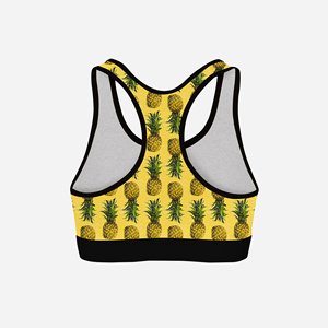 Soutien-gorge de sport pour femme à imprimé ananas, col ras du cou, dos nageur, maintien moyen, respirant, avec bordure contrastante jaune - Product Image 3