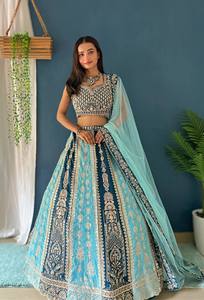 Blue Embroidered Faux Georgeet Lehenga Choli Set <b>Net</b> <b>Dupatta</b> Traditional Indian Wedding & Party Wear Women Regular Fit - Product Image 4
