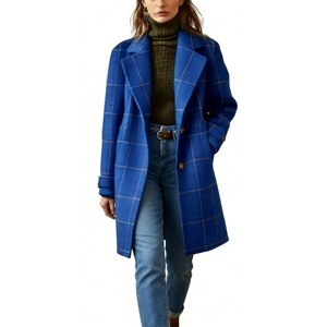 Manteau en laine gris à carreaux pour femme, double boutonnage, col à revers, longueur midi - Product Image 3