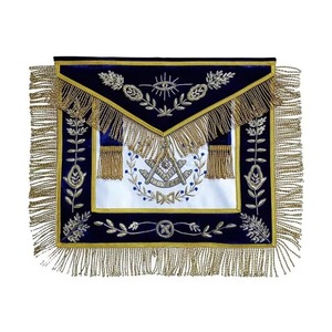 Delantal Masónico de la Gran Logia, para Maestro Masón de la Logia Azul, en Terciopelo Azul Marino con Lengüetas Laterales y Flecos Dorados MAP-0111 - Product Image 1