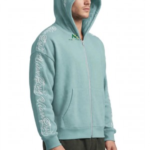 Sudadera con capucha y cremallera personalizada verde salvia Urban Chill con bordado tipo script para hombre, estilo urbano, forro polar, venta al por mayor de fábrica OEM - Product Image 4