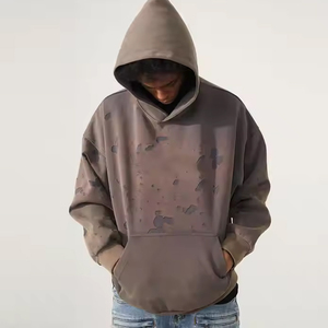 เสื้อฮู้ดดี้แฟชั่นทันสมัยสำหรับผู้ชาย สไตล์ลำลอง แต่งดีเทลขาดๆ  รับสกรีนโลโก้ ผ้าคอตตอนผสม สีพื้น ดีไซน์ใหม่ - Product Image 1