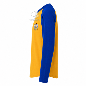 เสื้อยืดแขนยาวลำลองสำหรับผู้หญิง ลายปักตราสัญลักษณ์ Sigma Gamma Rho Sorority สีน้ำเงินทองตัดกัน แบบคัลเลอร์บล็อก - Product Image 3