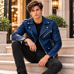 Herren Echtleder Motorradjacke Bikerjacke Slim Fit Moto-Jacke mit Reißverschluss Mehrere Taschen - Product Image 1