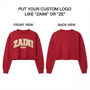 Sweat-shirt court en molleton de coton 320 GSM pour femme, avec logo brodé en chenille personnalisé, poignets et ourlet côtelés, pull doux rouge - Product Image 1