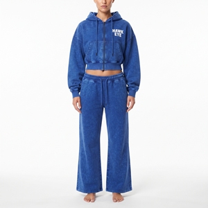 Conjunto de sudadera corta de algodón con forro polar y pantalones jogger de pierna ancha para mujer, sudadera de manga larga con hombros caídos y lavado ácido, ropa casual de dos piezas - Product Image 6