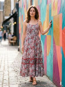 Vestido maxi de algodón estampado para mujer, sin mangas, con tirantes finos, corte en A, estilo flare, para verano, vacaciones, playa, transpirable, 100% algodón - Product Image 1