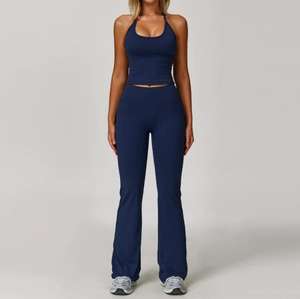 Ensembles de sport OEM pour femmes, 2 pièces, ensemble de yoga dos nu très extensible, évasé, rembourré, taille haute, pour Pilates, gym, tenue active, uni, sans couture - Product Image 4