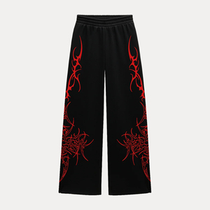 Pantalon en toile polaire noir unisexe style gothique à jambe large avec broderie rouge, taille élastique, respirant, en polyester mi-lourd, décontracté pour l'hiver - Product Image 1