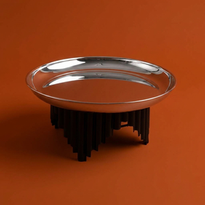 Metal Silver <b>Cake</b> <b>Stand</b> Elevated By Distinctive Fluted Architectural Black Pillars Perfect For Striking Dessert Presentations - Product Image 1