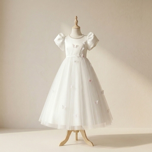 Vestido de niña de las flores Grace Ivory con cuello de perlas, mangas abullonadas, mariposas 3D hechas a mano, vestido de satén hasta la rodilla, estilo princesa para boda - Product Image 1