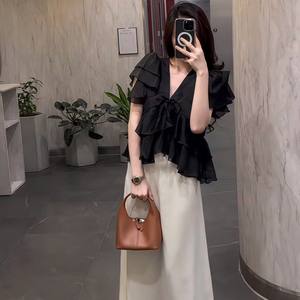 Women Summer Solid Chiffon Ruffle Sleeve Breathable Eco-Friendly <b>Top</b> <b>and</b> High Waist <b>Long</b> <b>Skirt</b> <b>Set</b> - Product Image 6