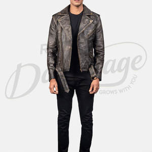 Chaqueta de Motociclista de Cuero Marrón Desgastado para Hombre, Chaqueta de Moda de Motociclista con Cierre Asimétrico y Cinturón, Piel de Oveja Genuina de Primera Calidad - Product Image 2