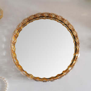 Modern Gold-Toned Rope Woven Frame Polished Metal <b>Round</b> Crystal <b>Mirror</b> Decorative Tray Multi-Functional <b>Small</b> Ramadan Home Decor - Product Image 2