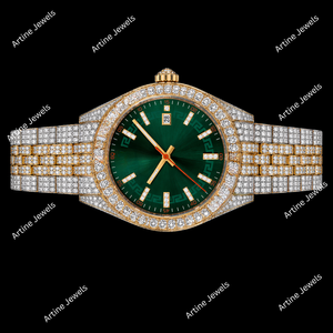 Reloj de Lujo con Esfera Verde y Diamantes, Reloj de Oro y Plata con Incrustaciones de Diamantes, Joyería de Moda, Accesorio de Muñeca - Product Image 3