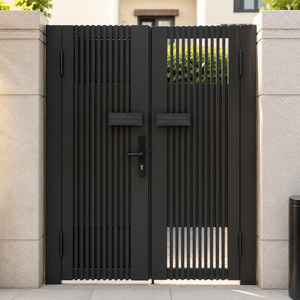 Puerta de Entrada Principal de Metal Negro Moderno con Diseño de Listones Verticales para Villa, Puerta de Seguridad para el Hogar - Product Image 1