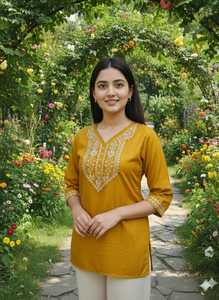 New White Embroidered Women's Short Slub Cotton Indian Pakistani Ethnic Modern Design Knee-Length Recycled Materials Fancy Wear - Product Image 5