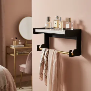 Modern <b>Wall</b> <b>Mounted</b> Marble <b>Shelf</b> with Towel Bar Bathroom Storage Rack Metal Organizer Holder for Vanity Washroom Decor - Product Image 6