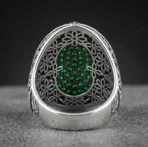 Men's 925 Sterling <b>Silver</b> Signet Ring With Green Cubic Zirconia Pave Diamond Setting Oval Vintage Style Everyday Wear For Boys - Product Image 3