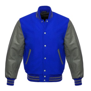 Chaqueta Varsity Azul para Hombre con Mangas de Cuero PU Gris, Cierre de Botones, Corte Regular, Estilo Casual para Otoño - Product Image 1