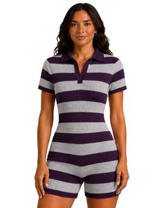 Combinaison en tricot rayée violet foncé et blanc pour femme, manches courtes, col polo, coton, été, décontractée, une pièce, coupe ajustée, personnalisable - Product Image 1