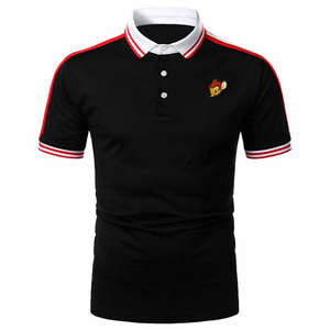 เสื้อเชิ้ตแขนสั้นผ้าฝ้ายสีดำสำหรับผู้ชาย แต่งปกเสื้อสีแดงขาว ปักลายการ์ตูน ระบายอากาศได้ดี สวมใส่สบาย - Product Image 1