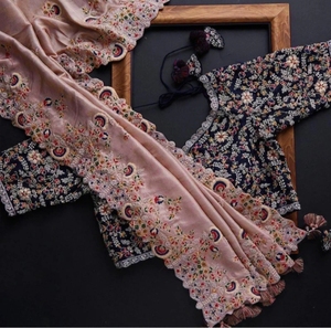 Sari en soie mélangée et velours brodé KV, style Bollywood (rose) - Product Image 4