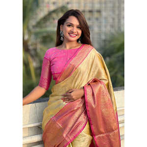 Sari Leheriya en soie Kanjivaram jaune, tissu doux, tissage Zari traditionnel, vêtements indiens et pakistanais, Elite Weaves 0.6g - Product Image 1