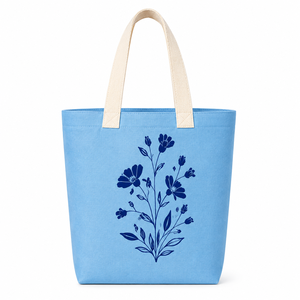 Sac fourre-tout en jute bleu 34x38x10 cm avec poignée en sangle de coton, imprimé floral, réutilisable, fermeture ouverte, pour la plage, le quotidien, les voyages et le shopping - Product Image 1