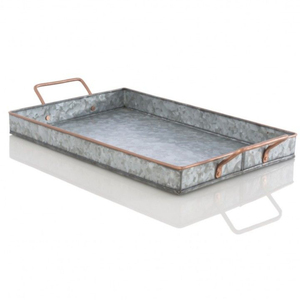 Galvanized Metal Oval <b>Serving</b> <b>Tray</b> With Copper Tone Rim And <b>Black</b> Iron Handles Home Decorative For Home Decor & Parties - Product Image 4