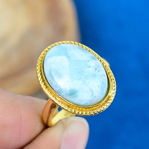 Natural Larimar Shape Oval Cab Gemstone 18k Gold Plated Bezel Handmade Birthstone <b>Ring</b> For Women - Product Image 1
