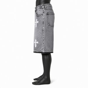 Shorts Vaqueros Cruzados con Pedrería para Hombre, 100% Algodón, Estilo Vintage, Bermuda para Uso Casual de Verano - Product Image 3