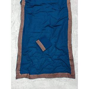 FIL DE CRÉATEUR GEORGETTE ZARI AVEC PIERRE SAREE AVEC CHEMISIER NON COUDU BLEU - Product Image 1