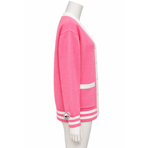 Cárdigan de punto para mujer, rosa y blanco, con cuello en V, manga larga, bolsillos, estilo preppy, largo regular, abotonado, venta al por mayor - Product Image 3