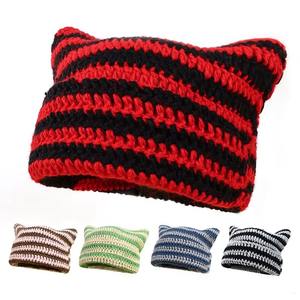 Gorro de Punto con Orejas de Gato, Gorro de Invierno Cálido a Rayas, Gorro de Ganchillo Unisex para Esquí, Uso Diario Informal, 100% Acrílico - Product Image 3