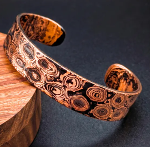 Copper Hand Forged Vintage Mokume Gane Swirl Ring Carving Cuff Bangle Adjustable Open Flat Wristband - Product Image 4