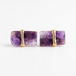 <b>Raw</b> Cut Amethyst Geometric Rectangular Stud Earrings Gold Plated Sterling Silver Wholesale Minimalist Bulk Jewelry - Product Image 1