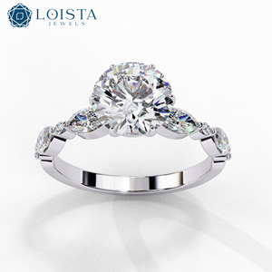 Lab Grown Round <b>Solitaire</b> Diamond Engagement <b>Ring</b> with Marquise Side Stones in 925 <b>Silver</b> Custom Jewelry Manufacturer - Product Image 2
